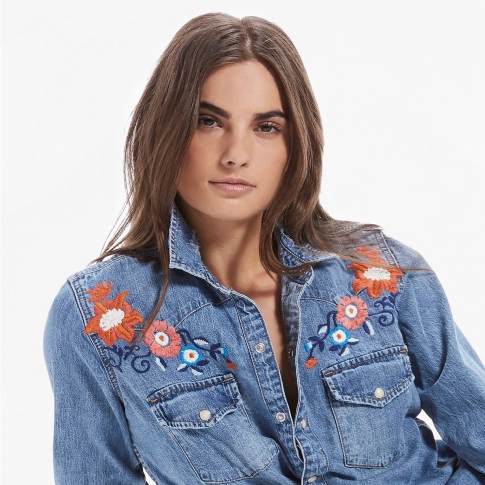 Lucky Brand Floral Embroidered Denim Western Shirt
